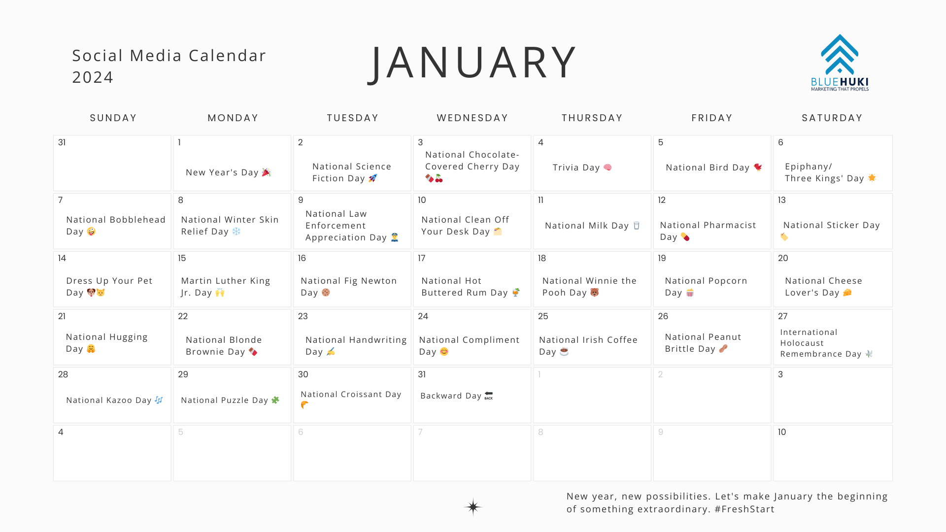 Kickstart Your Year Social Media Marketing Calendar for January 2024